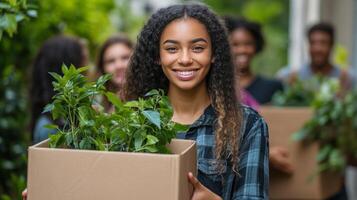 Group of young adults participating in urban gardening project while carrying plants photo