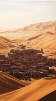 Scenic view of a desert oasis village surrounded by golden sand dunes at sunset photo