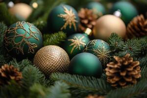 Decorative green and gold Christmas ornaments among pine branches photo