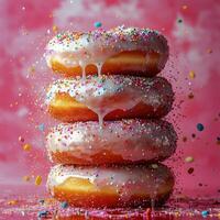 Delicious stacked donuts with pink frosting and colorful sprinkles at a bakery photo