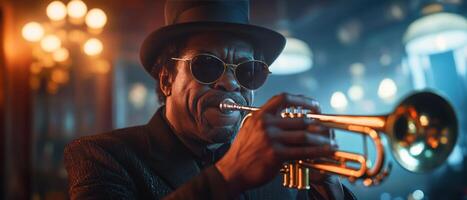 Jazz musician plays trumpet in a lively club during an evening performance with vibrant lighting photo