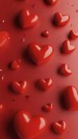 Red hearts scattered on a shiny surface creating a romantic theme for celebrations photo