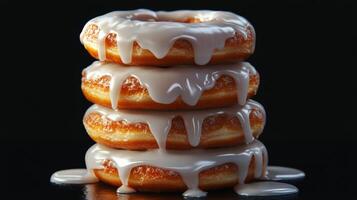 Delicious glazed donuts stacked on a wooden table with sunlight in the background photo