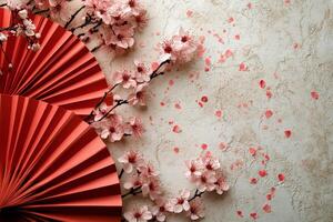 Colorful paper fans and cherry blossoms create a vibrant decorative display on a blue background photo