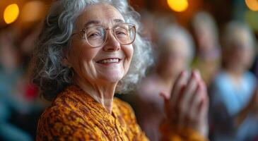 Joyful elderly woman applauding at a lively gathering during a bright daytime event photo
