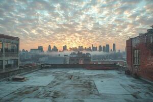 Sunrise over a city skyline with misty clouds and urban buildings in the background photo