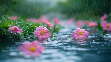 Pink flowers bloom in rain while droplets create ripples on water surface photo