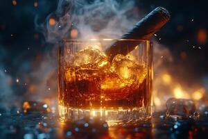Glass of whiskey with ice and cinnamon stick in a smoky setting, ideal for evening relaxation photo