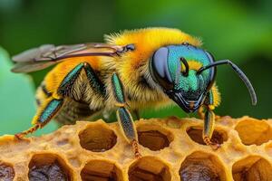 Close up of a vibrant bee collecting nectar from honeycomb in a beehive during daylight photo