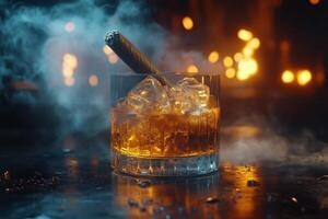 Glass of whiskey with ice and cinnamon stick in a smoky setting, ideal for evening relaxation photo