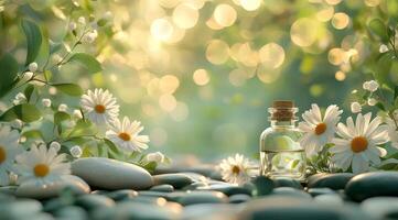 Natural beauty products surrounded by greenery and flowers in a serene setting photo