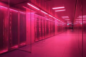 Neon lit modern technology hub with glass partitions and vibrant pink lighting photo