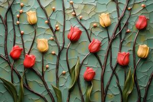 Vibrant tulips and delicate blossoms arranged against a soft green backdrop photo