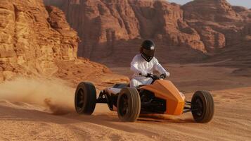 Adventurous ride through sandy desert terrain in a sleek off road vehicle during daytime photo