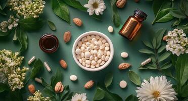 Natural remedies arranged aesthetically with herbal ingredients and homeopathic pellets photo