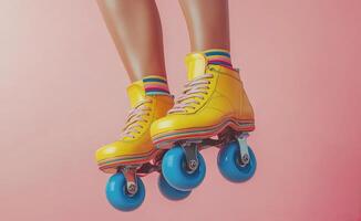 Colorful roller skates in mid air against a pink background creating vibrant energy photo