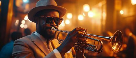 Musician plays trumpet in a vibrant jazz club filled with lively patrons photo