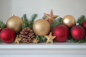 Decorative Christmas ornaments and greenery arranged for festive celebration photo