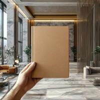 Hand holding a plain brown book in a stylish interior with greenery in the background photo