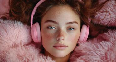 Young woman relaxing with headphones on a soft pink background during a casual moment photo