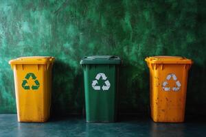 Recycling bins in urban setting for waste separation and environmental sustainability efforts photo