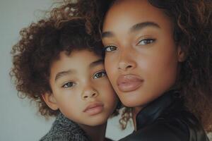 Mother and son enjoy a close moment together in a soft, natural light setting during the day photo