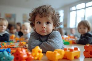 Children engaged in playtime with colorful building blocks in a bright classroom setting photo