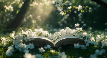 An open book lies on lush green grass, surrounded by delicate white flowers photo