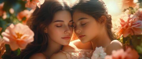 Mother and daughter share a tender moment in a blooming flower field at sunset photo