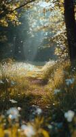 Soft sunlight filters through trees over a lush green meadow with flowers on a warm spring day photo