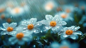 Beautiful white flowers with orange centers glistening in the rain on a spring day photo