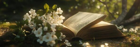 Open book resting in a garden surrounded by blooming white flowers on a sunny day photo