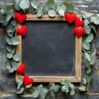 Decorative frame with red hearts and eucalyptus leaves on a dark background for party or celebration photo