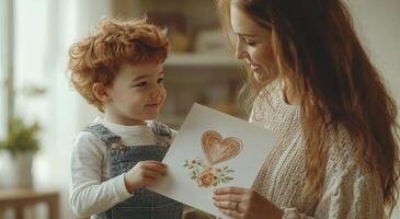 Young child holds a love themed art card in a cozy indoor setting during daylight photo