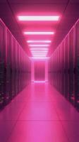 Bright pink illuminated server room with rows of servers and glowing lights photo