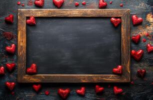 Romantic wooden frame with red heart decorations on dark surface for special occasions photo