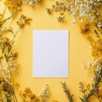 Floral arrangement with yellow background highlighting a blank canvas for creative design photo