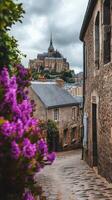 Charming cobblestone street lined with vibrant flowers in a historic village with castle backdrop photo