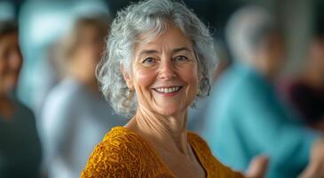 Joyful elderly woman applauding at a lively gathering during a bright daytime event photo