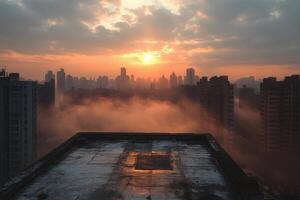 Sunrise over a city skyline with misty clouds and urban buildings in the background photo