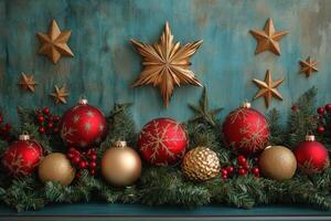 Holiday decorations with red and gold ornaments surrounded by greenery and stars photo