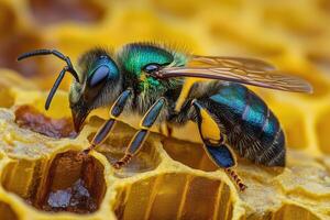 Close up of a vibrant bee collecting nectar from honeycomb in a beehive during daylight photo