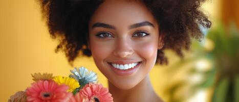 Smiling woman with curly hair holding colorful flowers against a bright yellow background photo