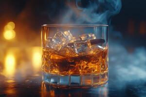 Glass of whiskey with ice and cinnamon stick in a smoky setting, ideal for evening relaxation photo