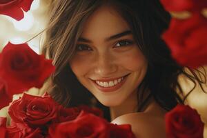 Young woman smiles warmly while holding bouquet of red roses in a romantic outdoor setting photo