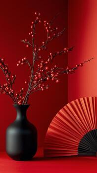 elegante arreglo de rojo bayas en un negro florero con un ventilador en un vibrante rojo antecedentes foto