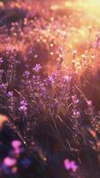 Lavender field at sunset with golden light illuminating blooming flowers photo