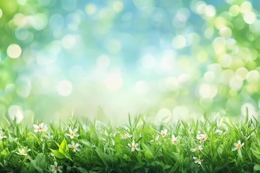 Bright and serene meadow with flowers on a sunny day in springtime photo
