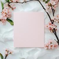Elegant stationery with cherry blossom branches on a soft textured surface photo