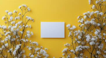 Bright yellow background with white flowers framing a blank card for creative designs photo